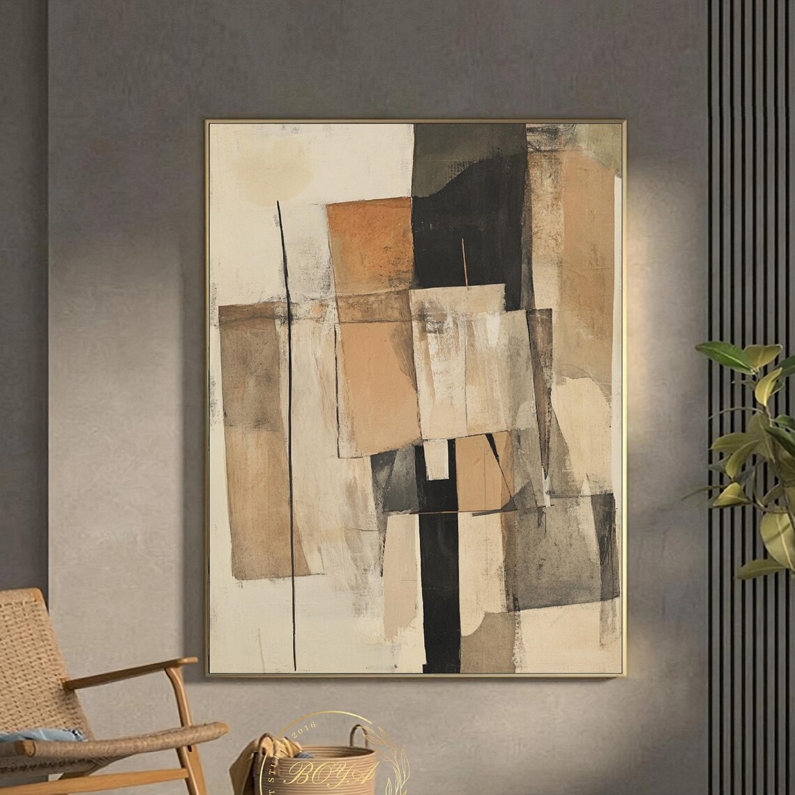 Tall Beige and Black Geometric Stacks Wabi Sabi Abstract Poster
