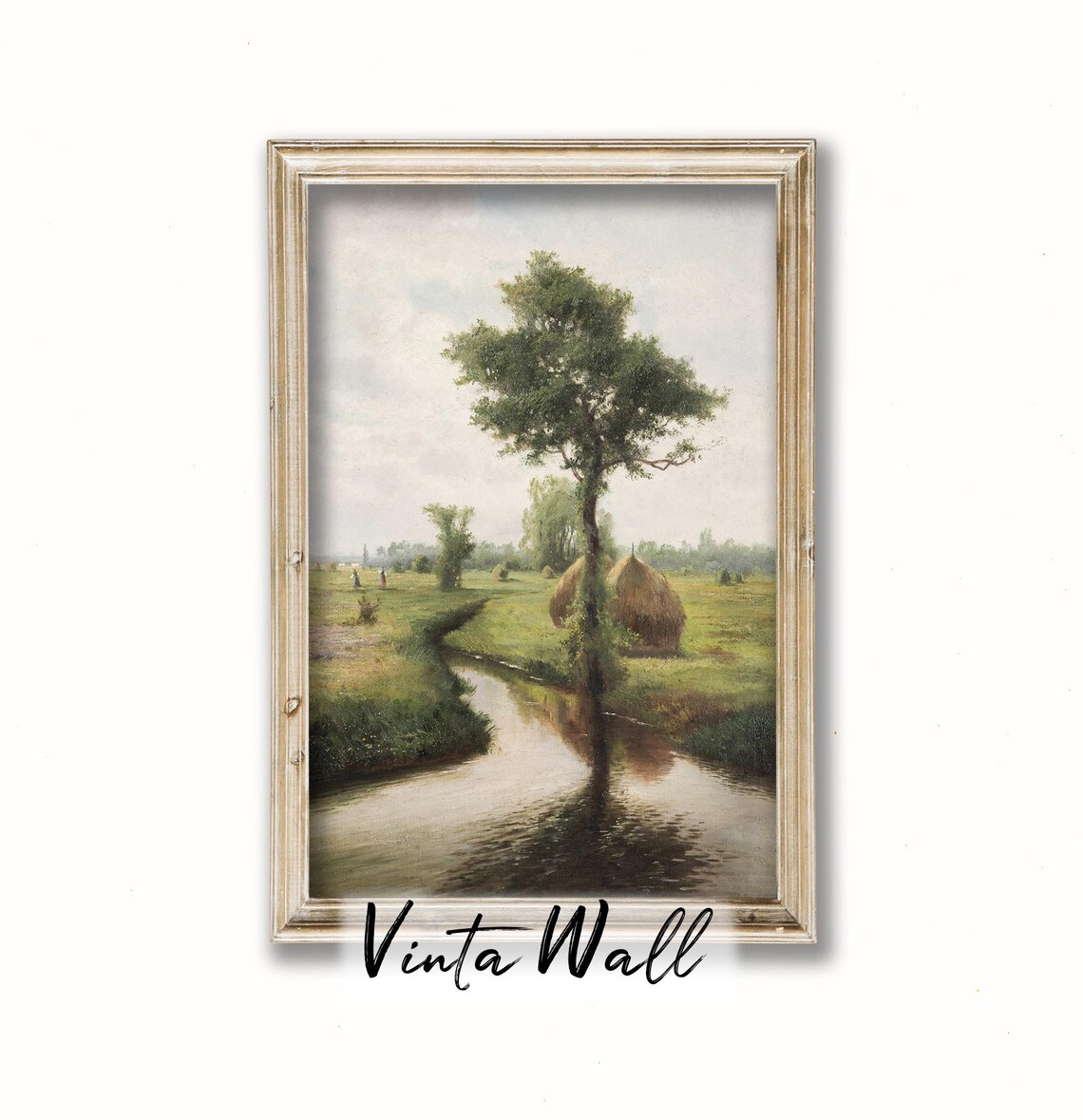 Lone Tree Reflected in Quiet Stream With Haystacks Vintage Field Poster