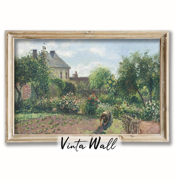 Woman Gardening in a Lush Cottage Garden Impressionist Vintage Poster