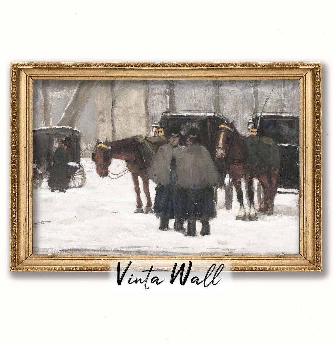 Snow Painting Winter Horse Print Lady Gentleman Square Carriage Gig Farmhouse White Art Holiday Home Wall Decor Village Christmas - Image 4