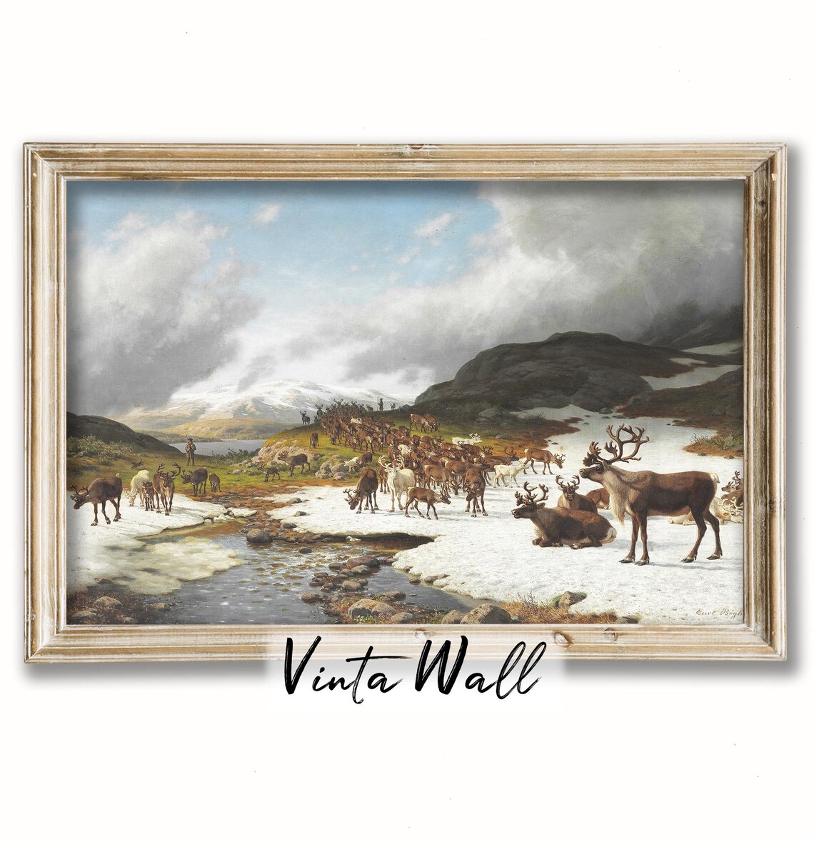 Reindeer Herd Snowy Mountain Stream Vintage Winter Wildlife Poster