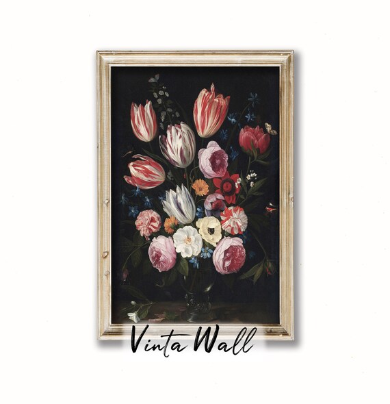 Still Life Flower Oil Painting Print Dark Accademia Black Floral Vintage Art Botanical Moody Kitchen Home Wall Decor Farmhouse
