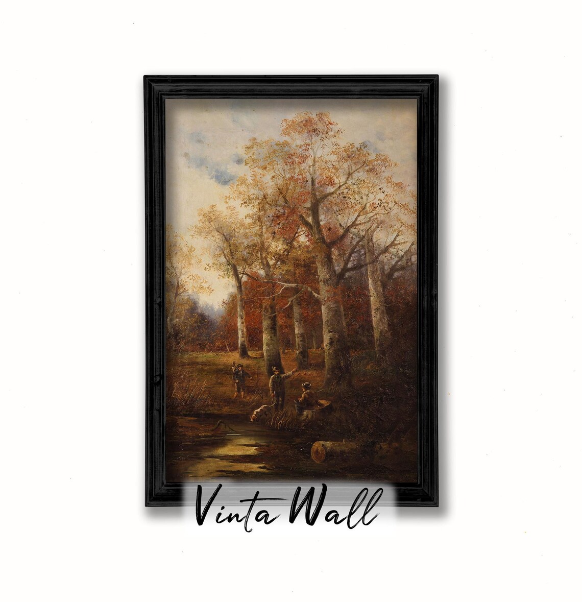 Golden Autumn Trees Beside Dark Stream Figures Resting Vintage Forest Poster - Image 3