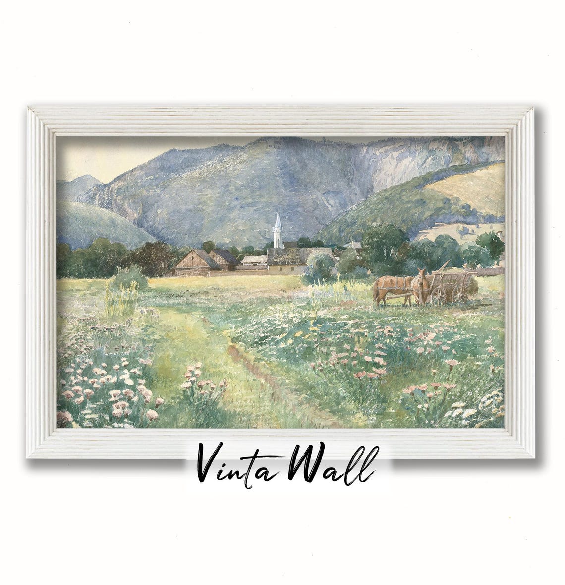 Flower Field Oil Painting Print Farmhouse Meadow Muted Colours Vintage Horse Art Village Church Warm Tones Home Wall Decor - Image 3