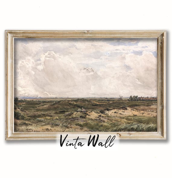 Dark Academia Green Print Field Trees Oil Painting Farmhouse Windmill Meadow Vintage Scenery Art Tones Home Wall Decor Landscape