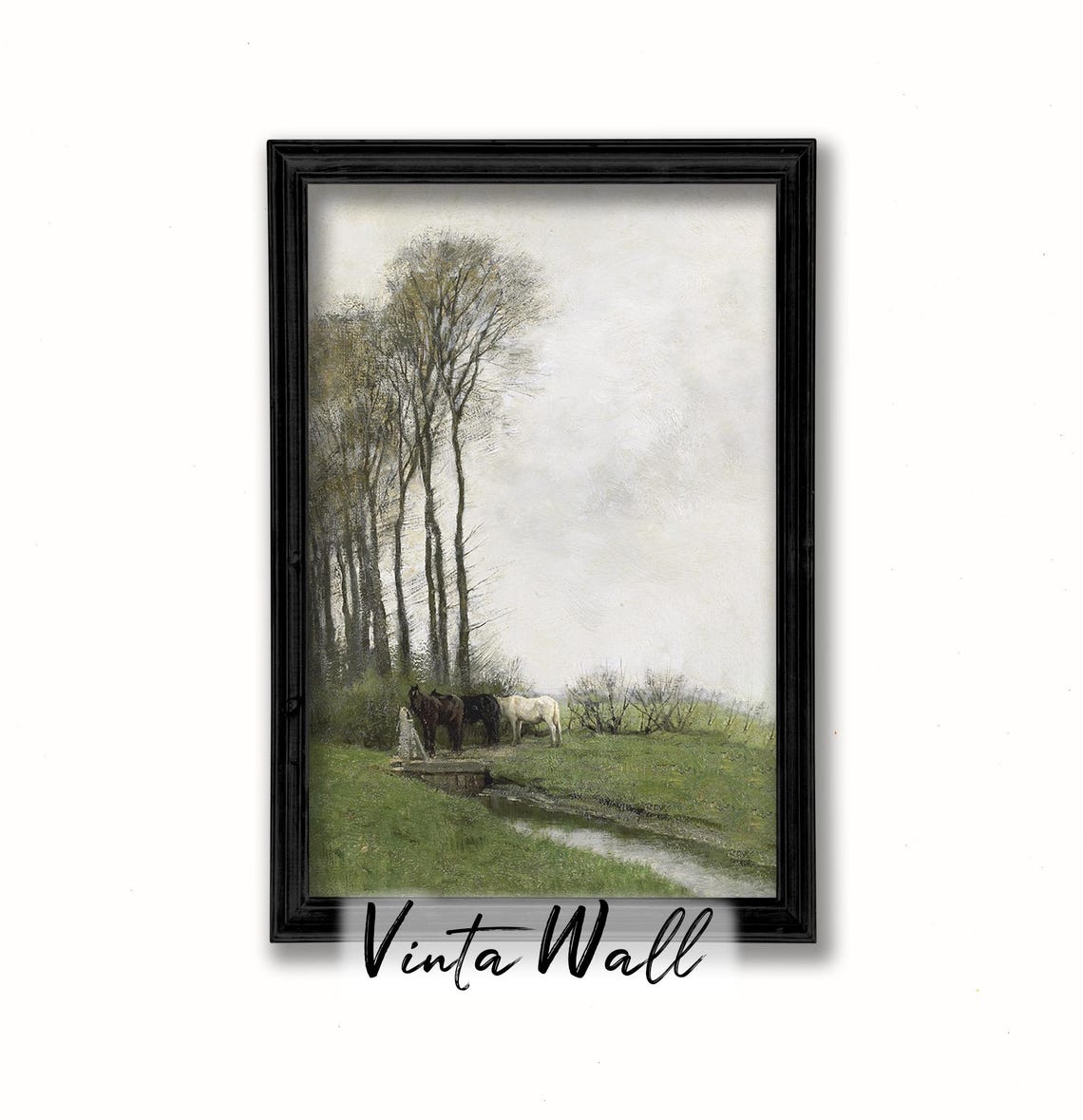 Horses Watering Stream Tall Poplar Trees Vintage Pastoral Poster - Image 2