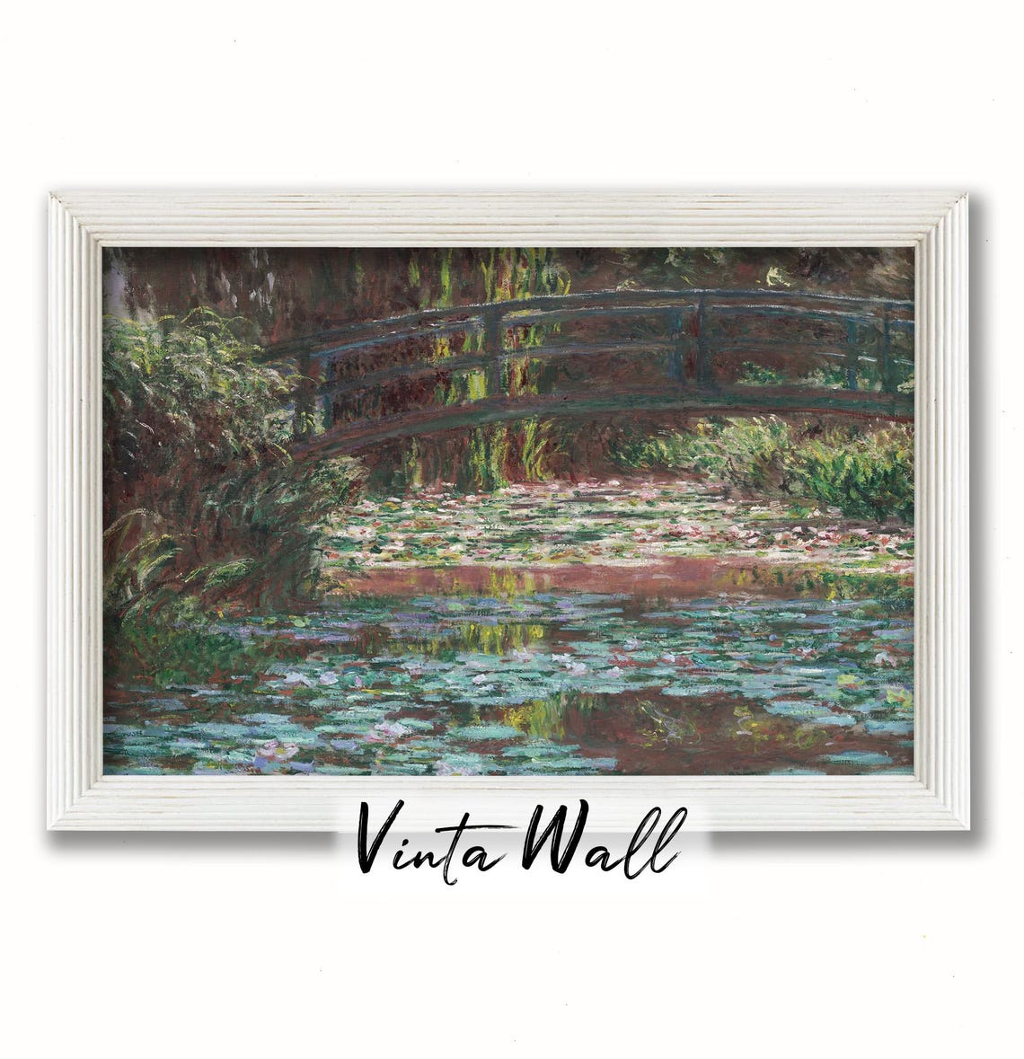 Oil Painting Lake Flower Water Lily Vintage Landscape Print Art Country Lake River Warm Tones Rustic Home Wall Decor Antique Green - Image 3