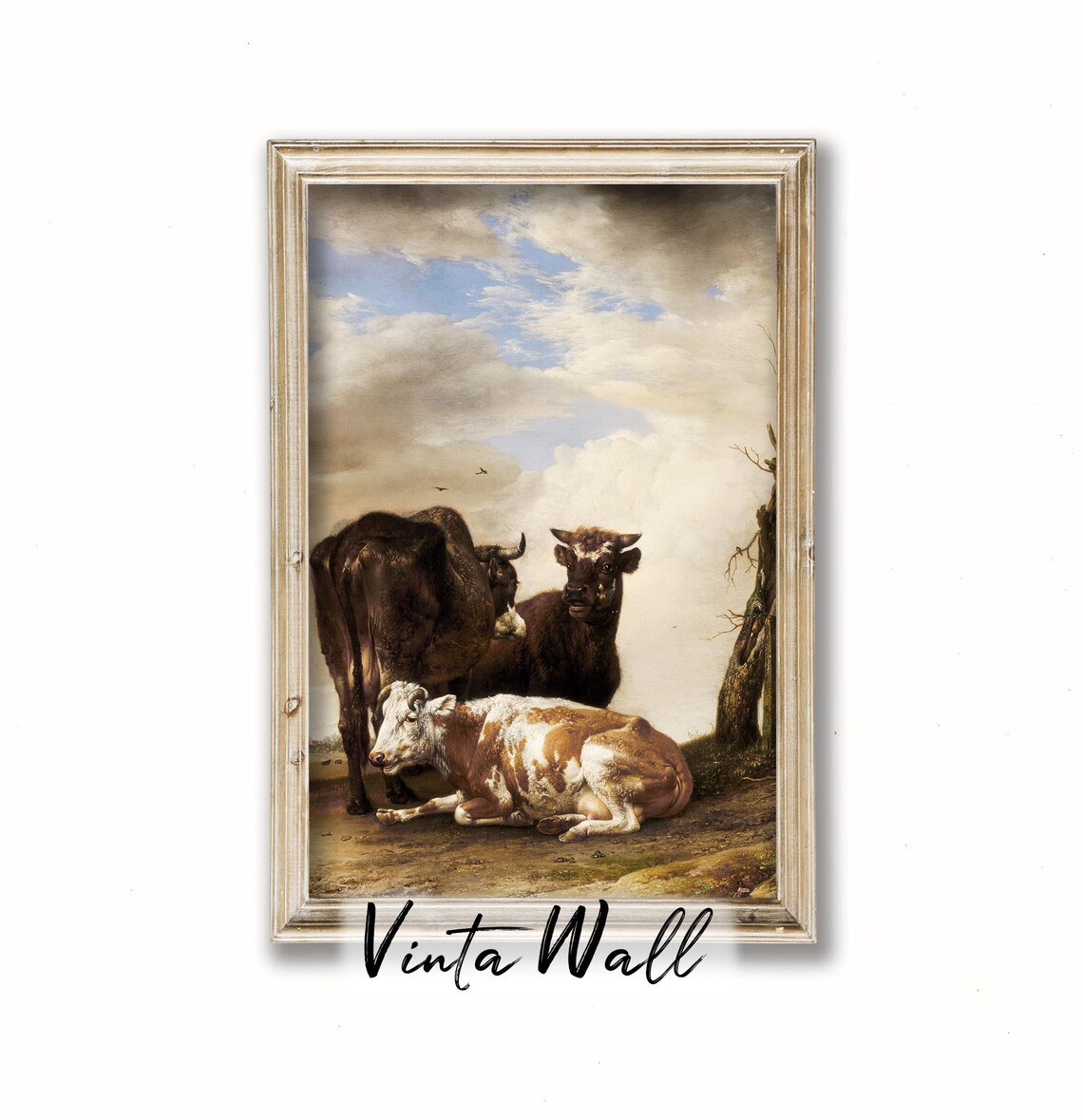 Three Cows Resting Under Cloudy Sky Vintage Farm Animal Painting Poster