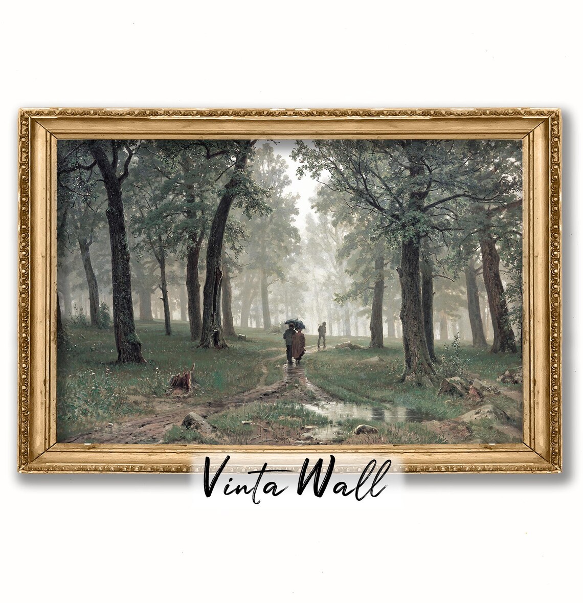 Misty Forest Path Umbrella Walkers Vintage Woodland Scene Poster - Image 3