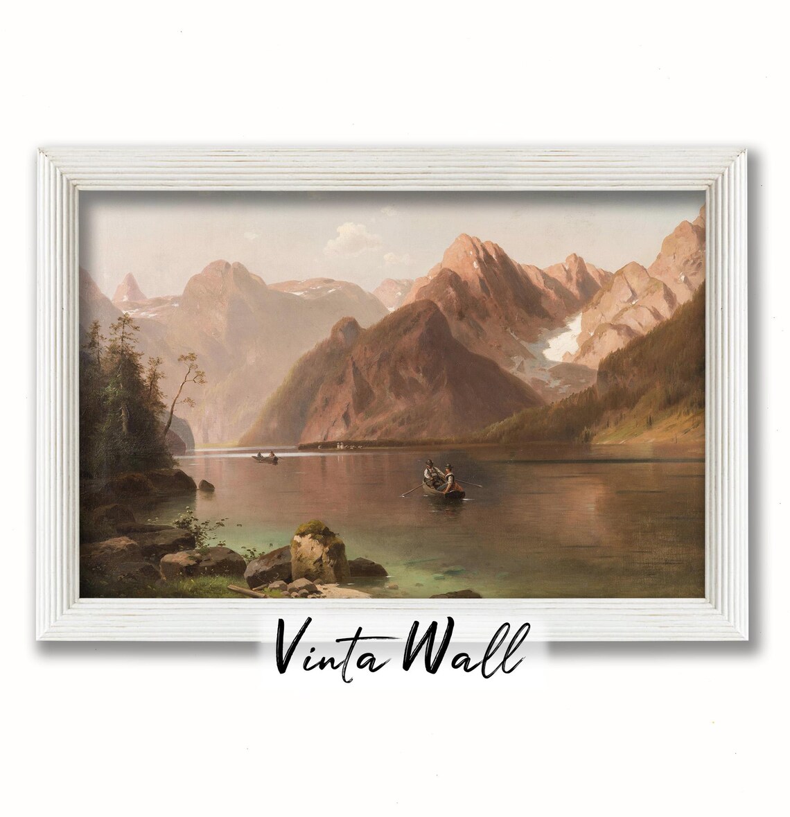 Mountain Lake at Sunset Pink Peaks Rowboats Vintage Landscape Painting Poster - Image 3
