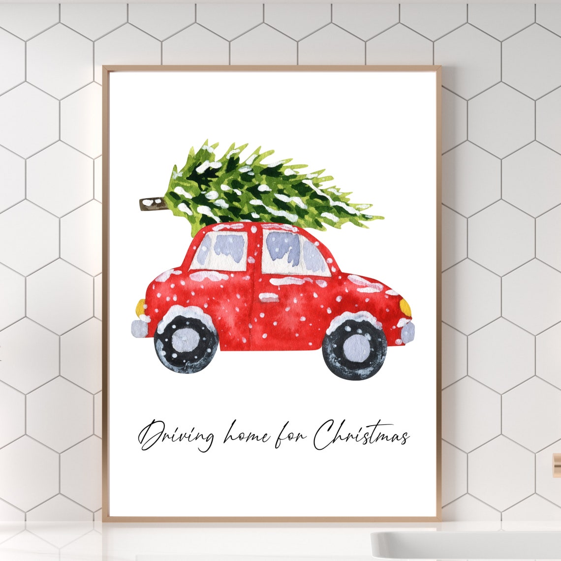 Driving Home For Christmas Red Car Tree Watercolor Holiday Poster - Image 3