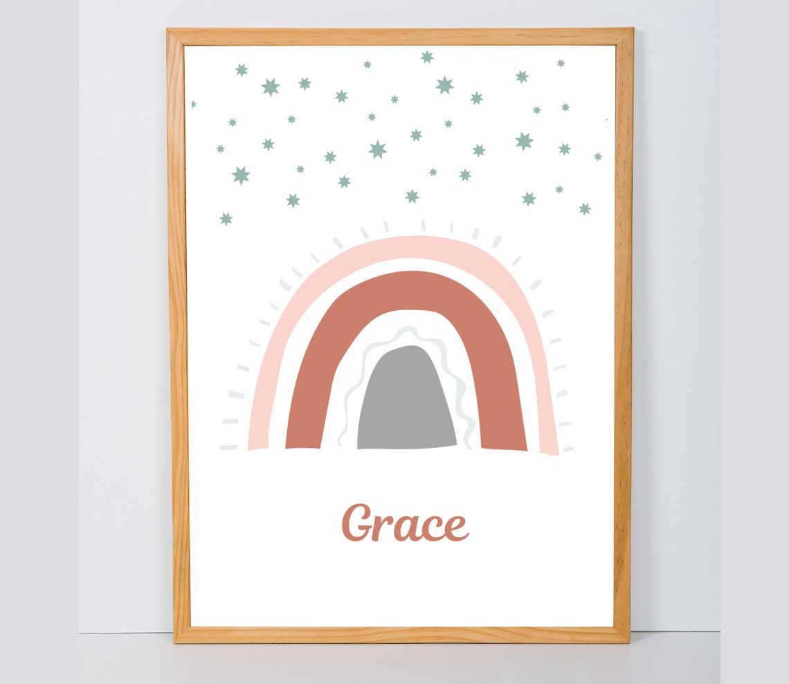 Grace Personalized Name Boho Rainbow Stars Kids Nursery Decor Wall Art