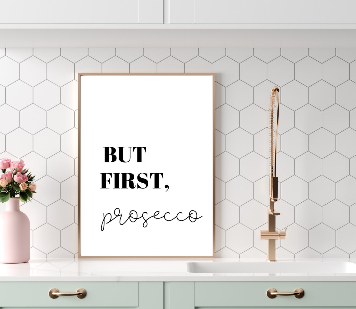 But First Prosecco Script Minimalist Kitchen Bar Decor Poster - Image 3
