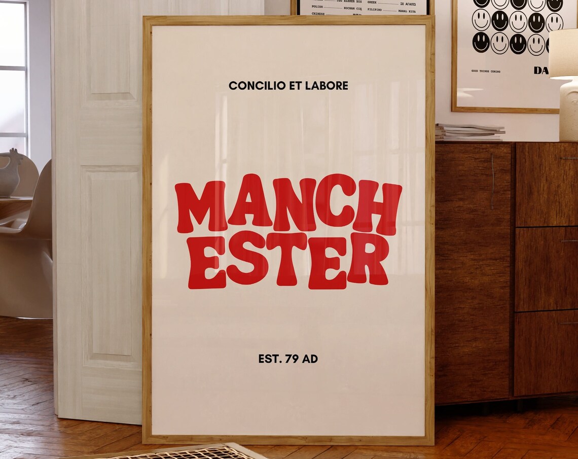 Manchester Red Typography Concilio Et Labore City Lettering Print