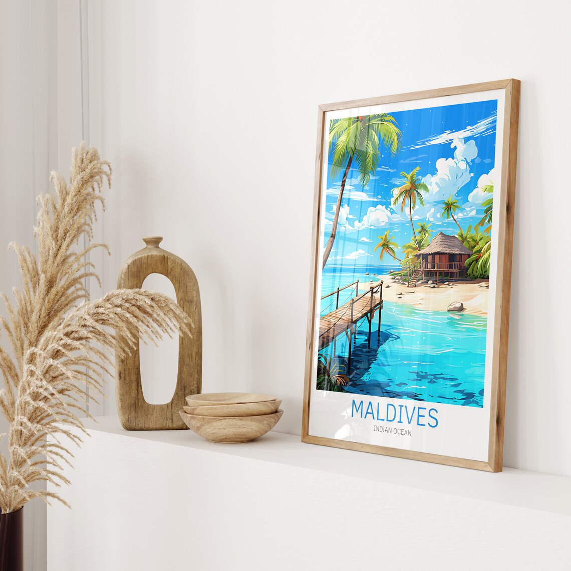 Maldives Indian Ocean Beach Hut Wooden Jetty Tropical Travel Poster - Image 2