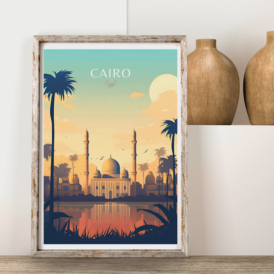 Cairo Egypt Mosque Palms Sunset Reflection Vintage Travel Poster - Image 2