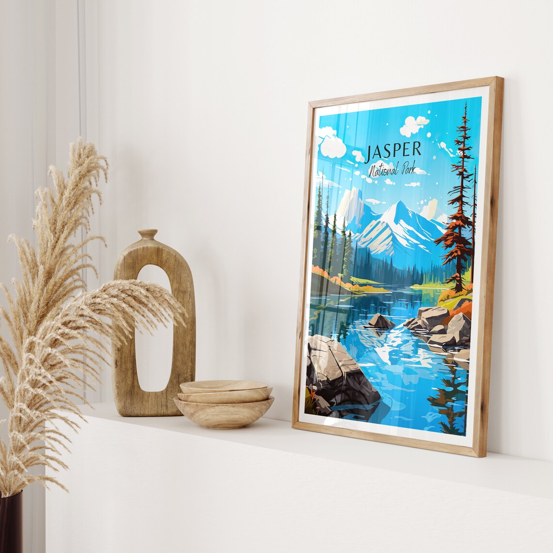 Jasper National Park Blue Lake Peaks Evergreen Cabin Nature Travel Poster - Image 2