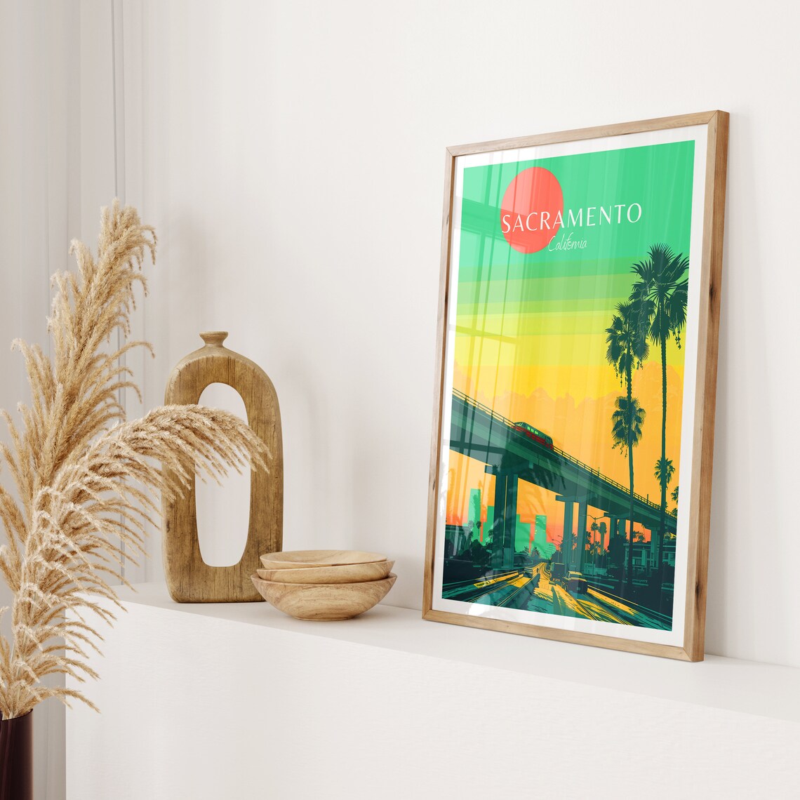 Sacramento California Retro Sunset Rail Bridge Travel Art Poster - Image 2