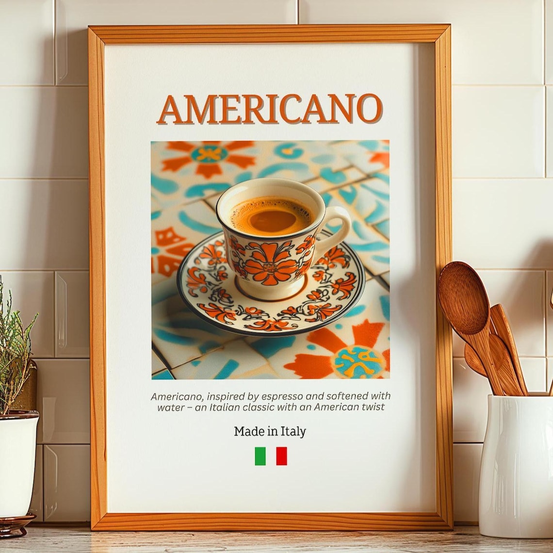 Americano Italian Coffee Poster Orange Floral Majolica Cup Kitchen Decor