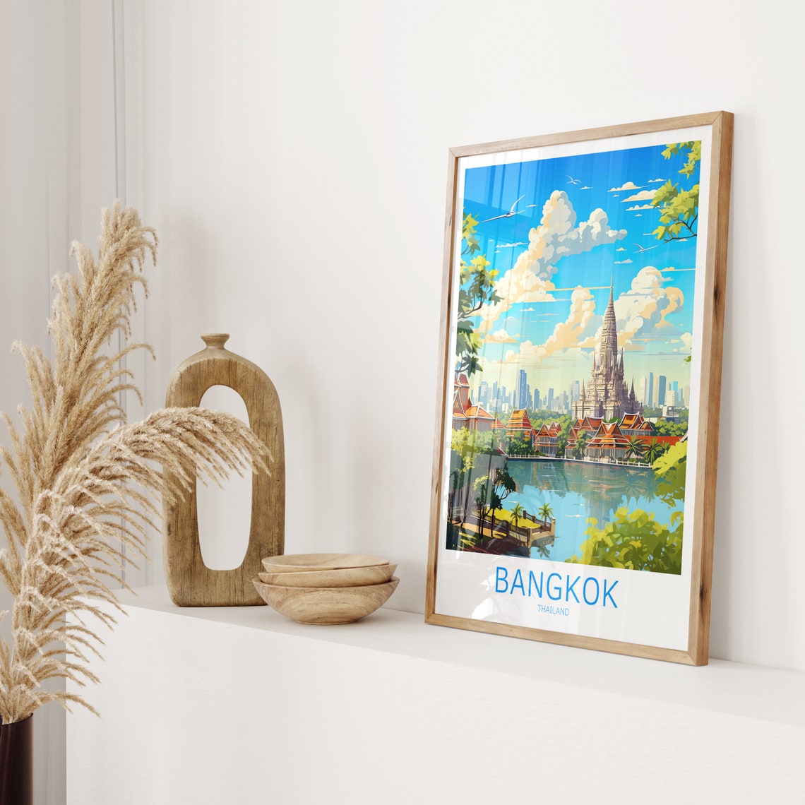 Bangkok Thailand Temple Stupa River Skyline Vintage Travel Poster - Image 2