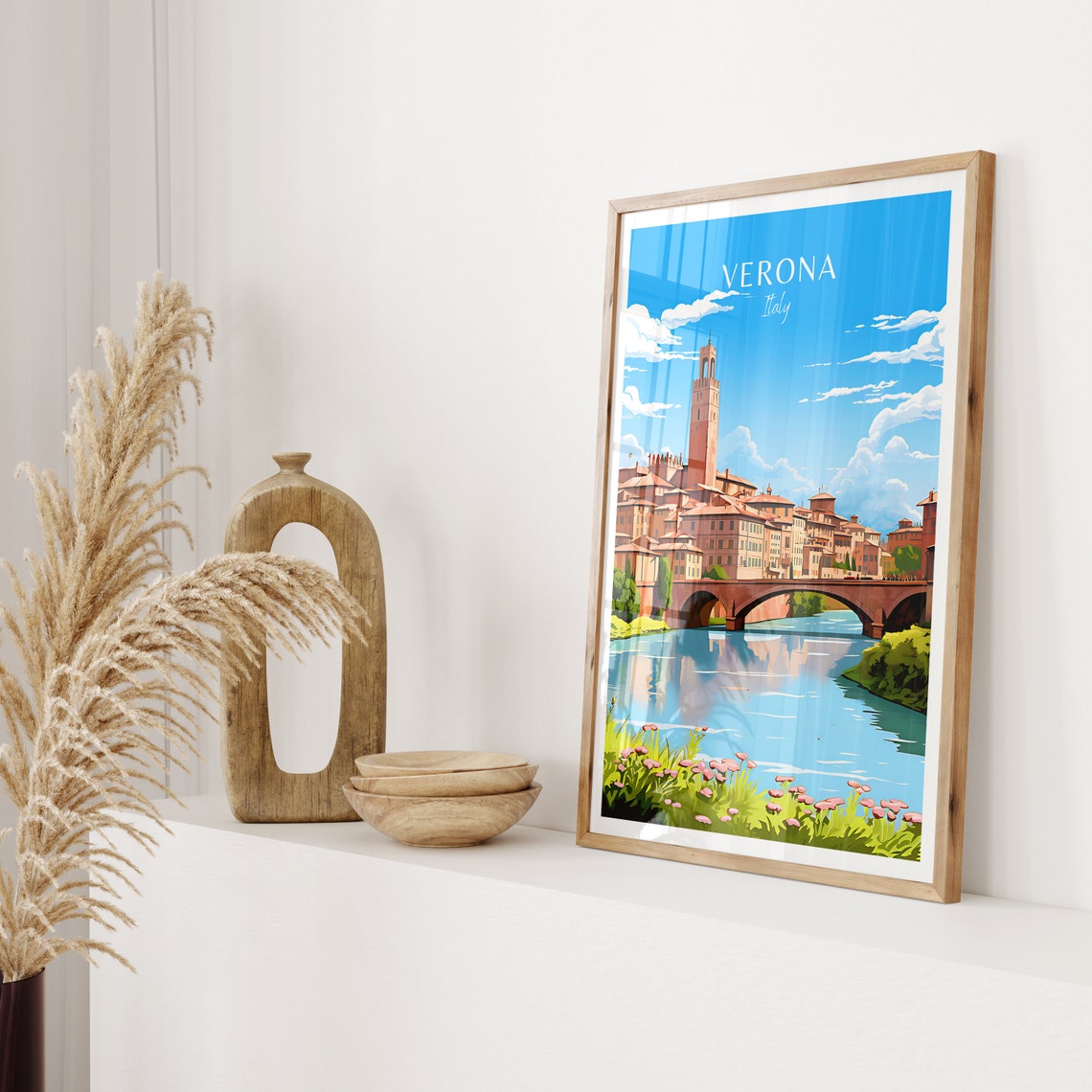 Verona Italy River Bridge and Brick Tower Under Blue Sky Poster - Image 2