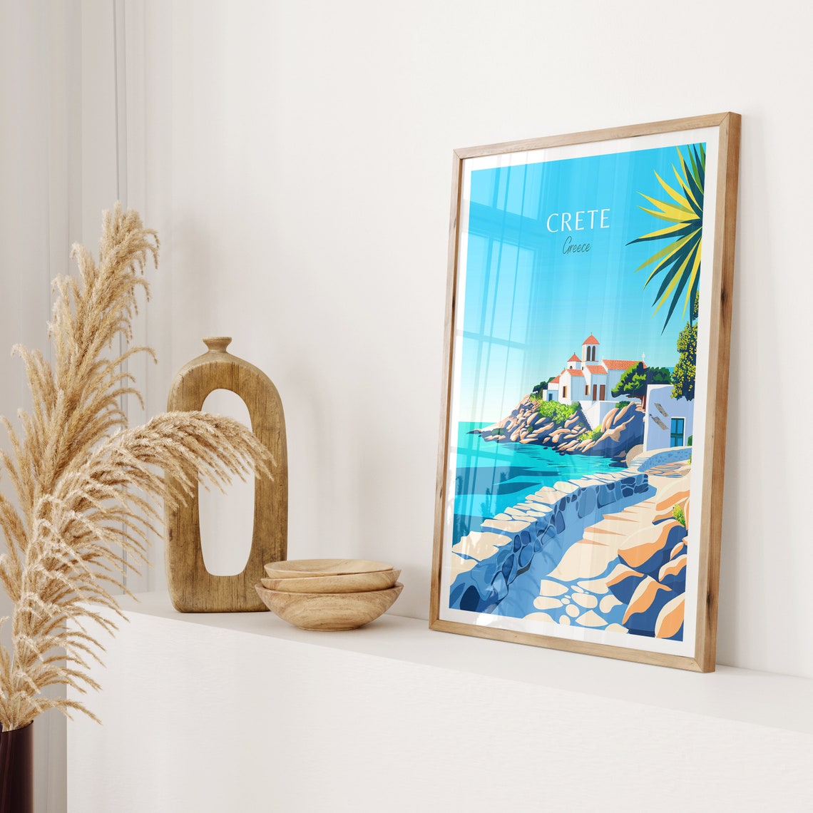 Crete Greece White Chapel Rocky Coast Turquoise Sea Path Poster - Image 2