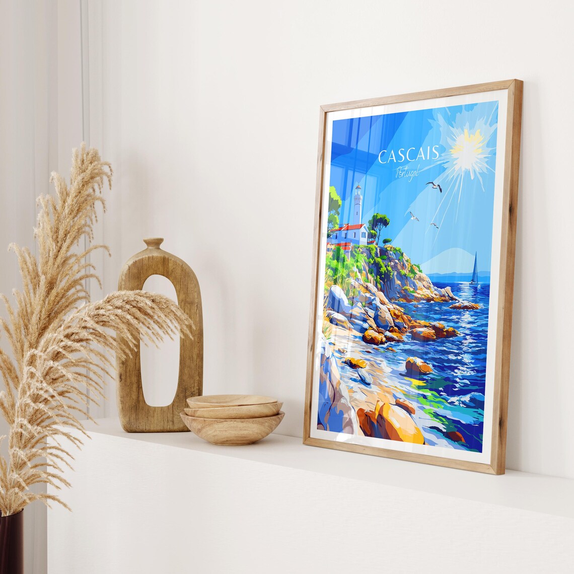 Cascais Portugal Lighthouse Rocky Shoreline Sailboat Sea Poster - Image 2