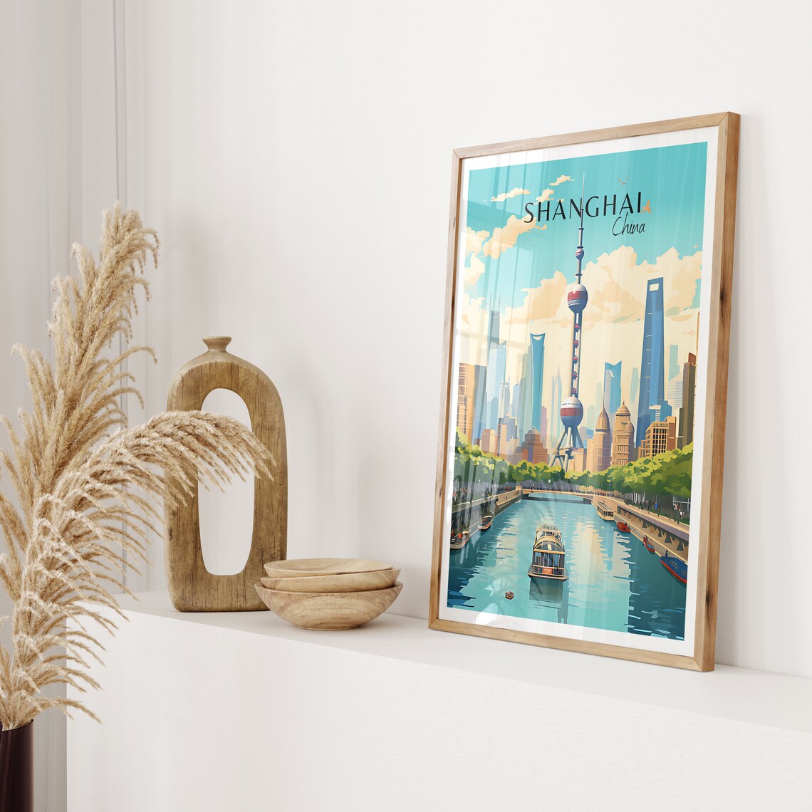 Shanghai China Oriental Pearl Tower River Boats Vintage Travel Poster - Image 2