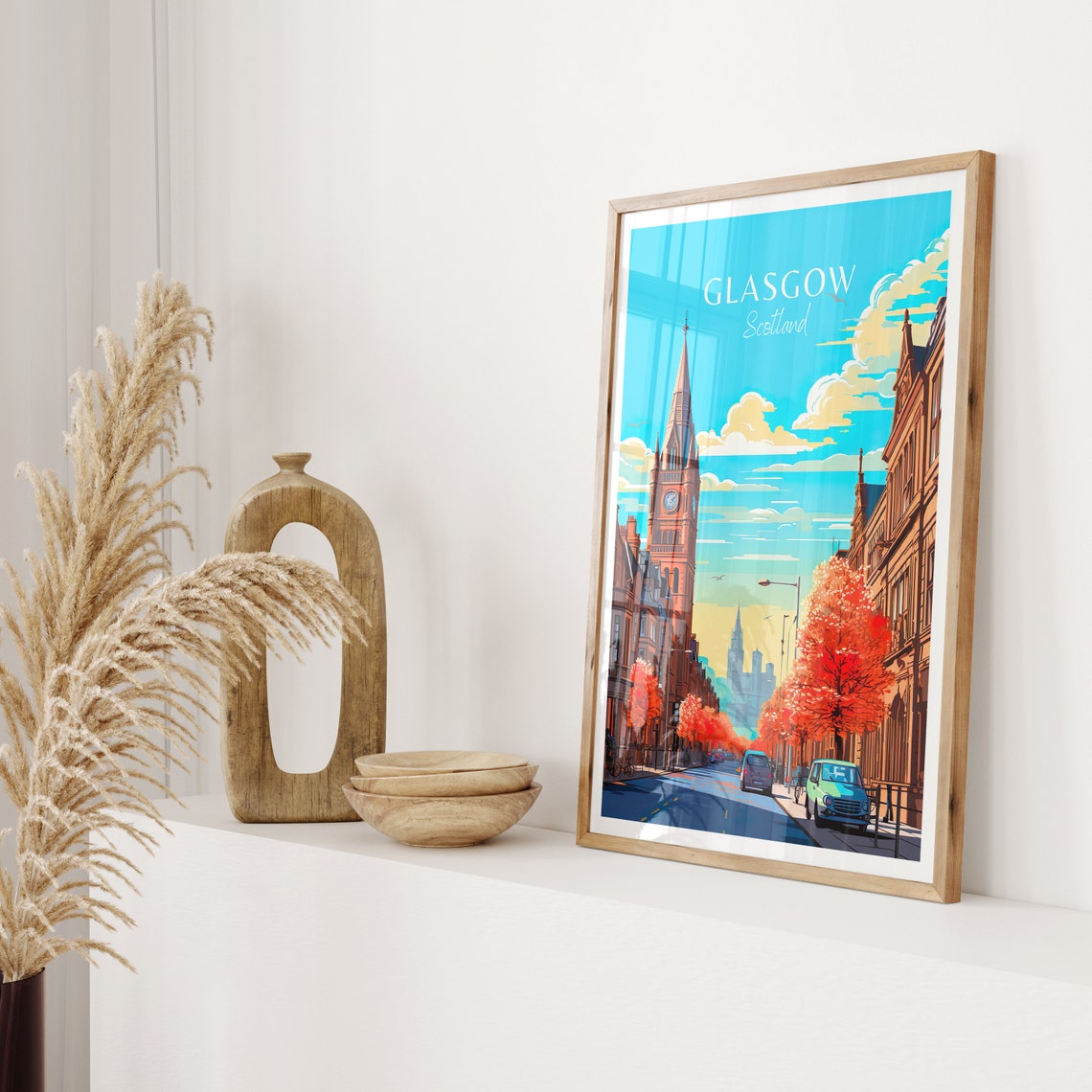 Glasgow Scotland Autumn Clock Tower Red Foliage Street Poster - Image 2