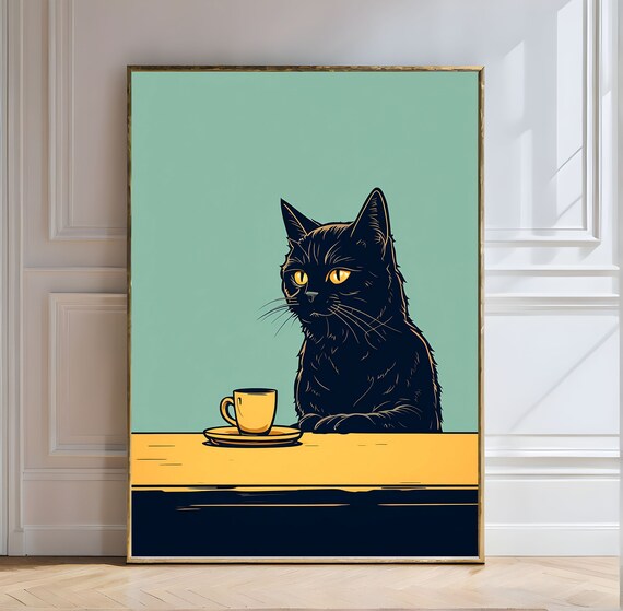 Whimsical Black Cat With Coffee Cup Mint Green Illustration Poster