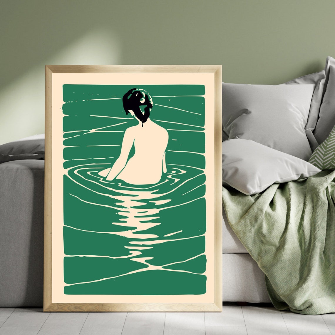 Japanese Woodblock Woman Bathing Emerald Water Minimalist Poster - Image 4