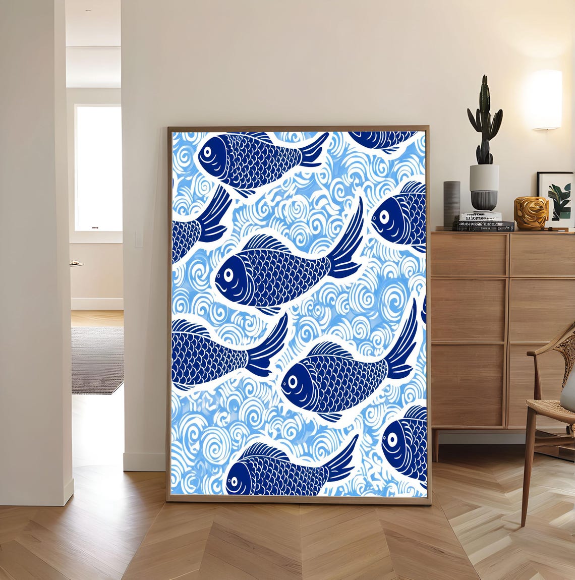 Blue Fish Swirling Waves Japanese Style Pattern Blue Art Poster - Image 5