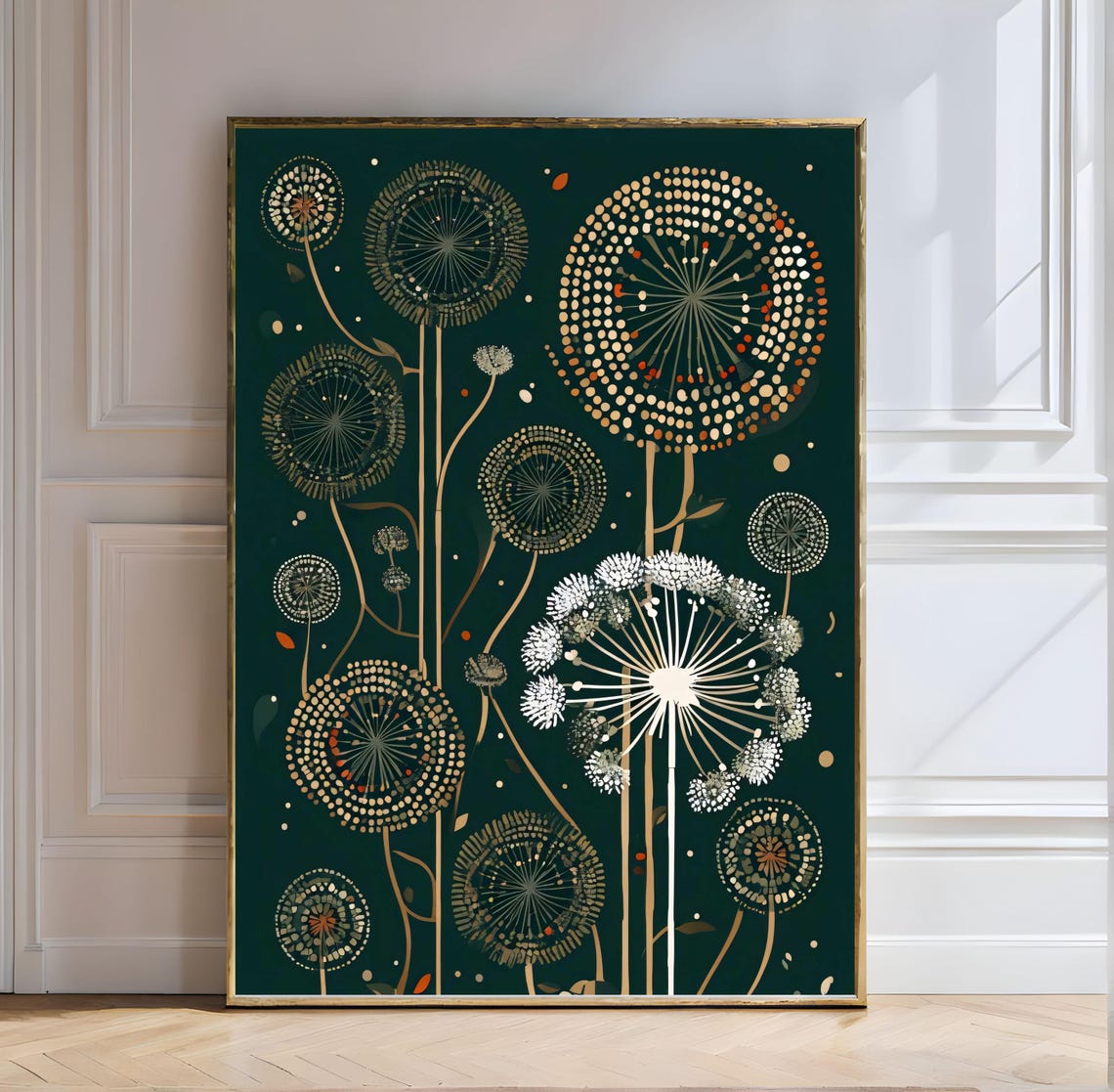 Cosmic Dandelion Fireworks Gold Dark Green Abstract Botanical Poster - Image 5