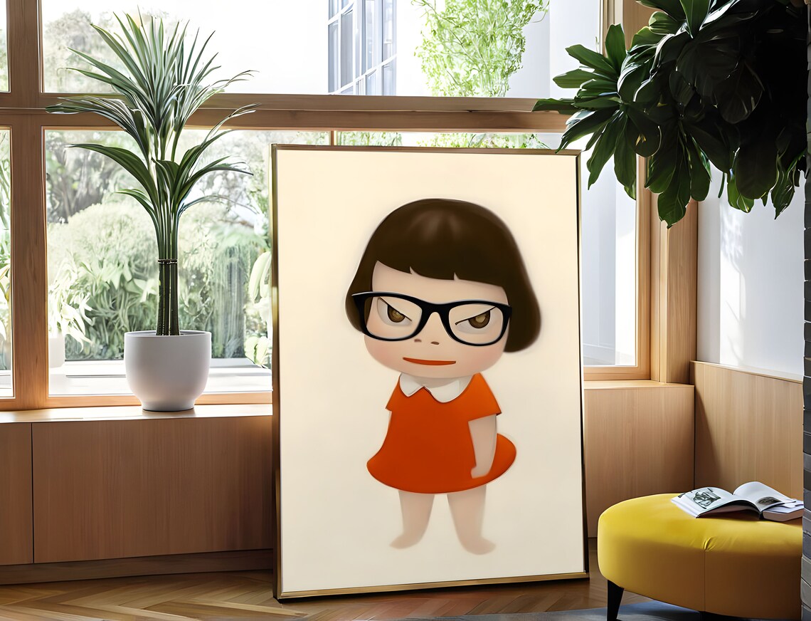 Yoshitomo Nara Sassy Girl With Glasses Orange Dress Portrait Poster - Image 2