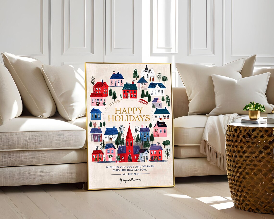 Yayoi Kusama Happy Holidays Cozy Winter Village Christmas Art Poster - Image 2