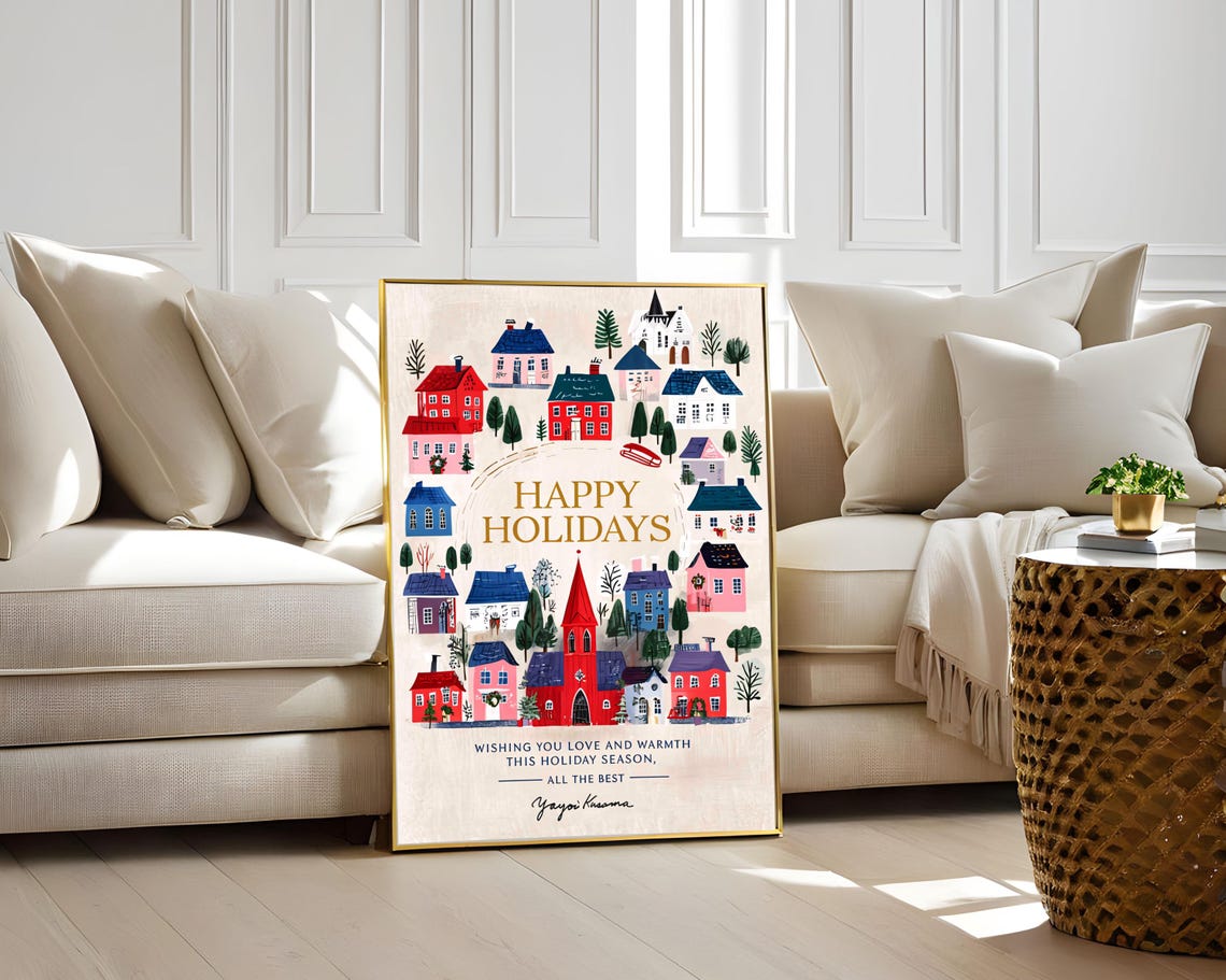 Yayoi Kusama Poster Happy Holidays Cozy Winter Village Art Print Yayoi Kusama Holiday Print Winter Village Cozy Decor Festive Art - Image 2