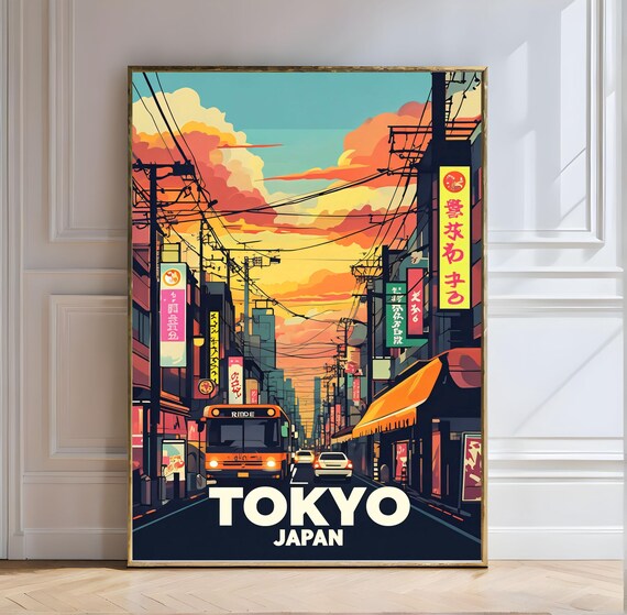 Tokyo Japan Sunset Cityscape Retro Neon Street Travel Poster
