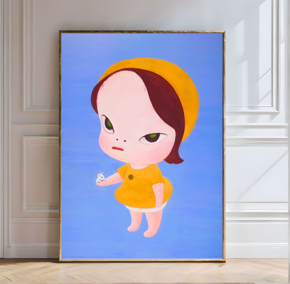 Yoshitomo Nara Girl With Mouse Yellow Beret Blue Canvas Art Poster