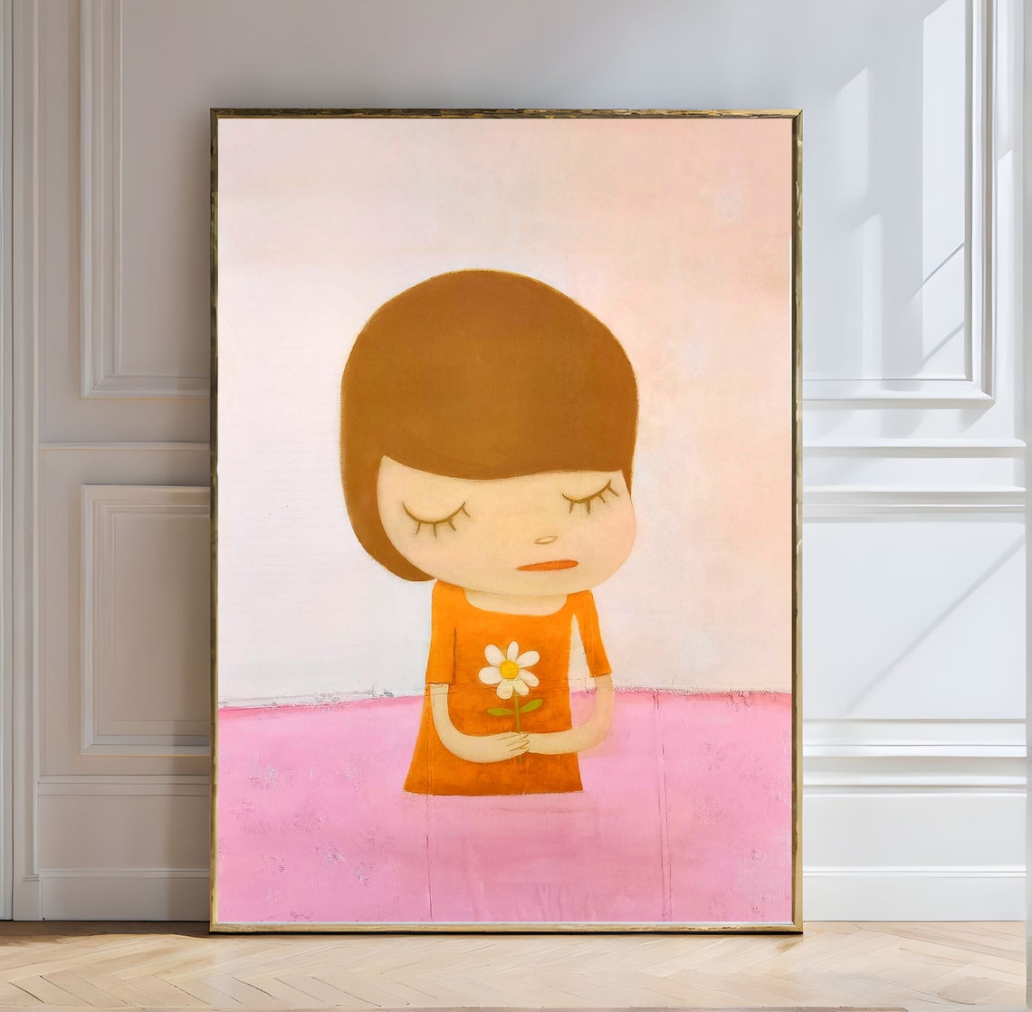 Yoshitomo Nara Girl Holding Daisy Pink Background Minimal Art Poster
