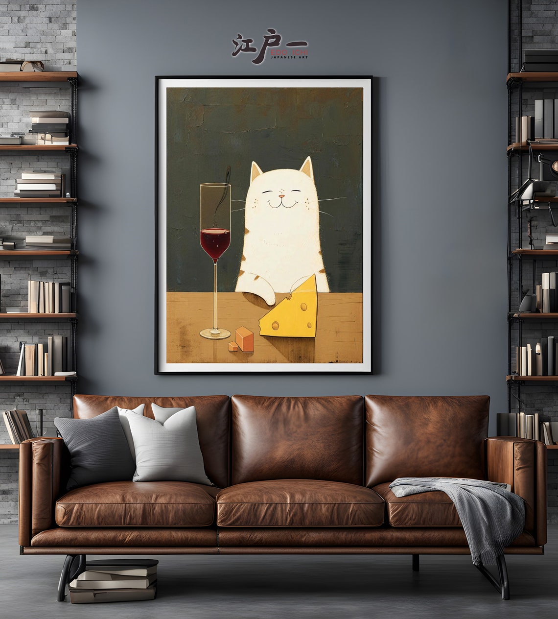 Serene Sips Smiling White Cat With Wine And Cheese Funny Art Print - Image 2