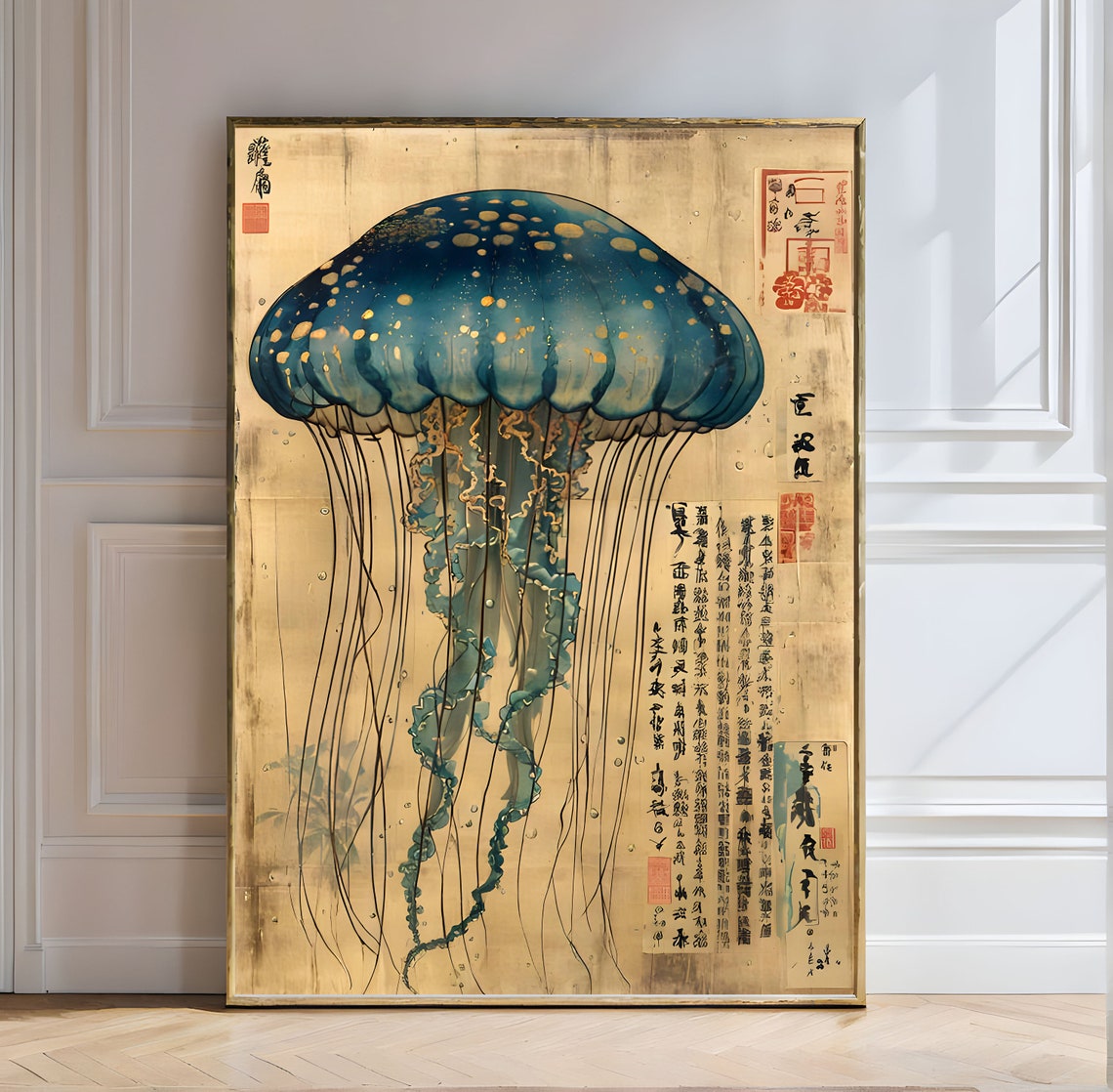 Deep Blue Jellyfish Vintage Japanese Natural History Style Poster