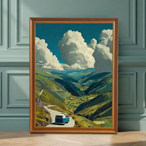 Scenic Mountain Valley Road Trip Wood Framed Art Print Vintage Van Landscape Wall Decor