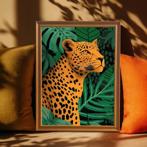 Majestic Leopard Jungle Art Print Tropical Animal Wood Framed Wall Giclee Poster