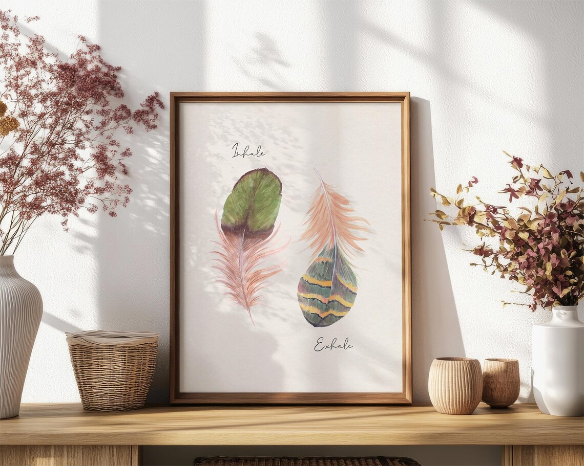 Inhale Exhale Watercolor Feather Pair Breathing Calm Wall Decor Poster - Image 3
