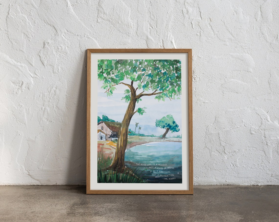 Carl Rogers Good Life Quote Watercolor Riverside Landscape Poster - Image 2