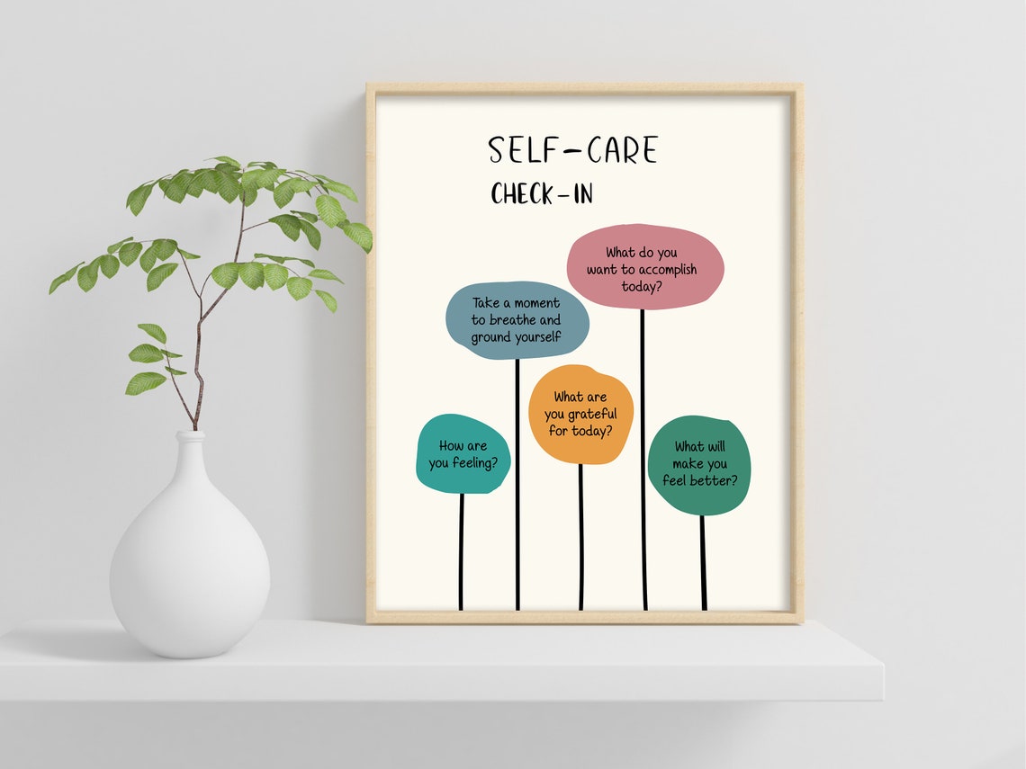 Self Care Check In Floral Daily Questions Mental Wellness Poster