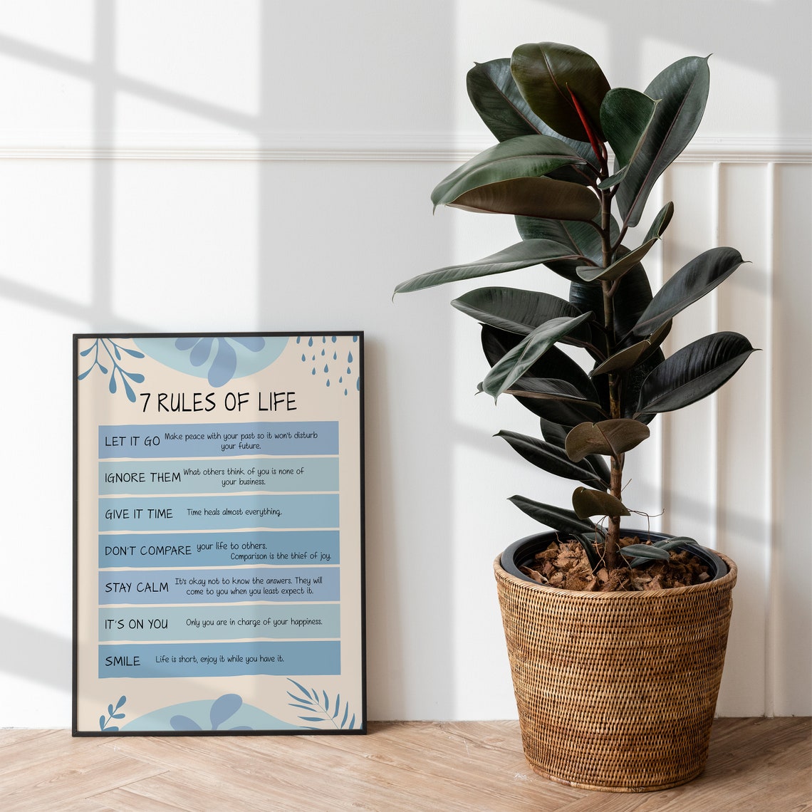 7 Rules of Life Poster Blue Botanical Motivational Quote Wall Decor - Image 2