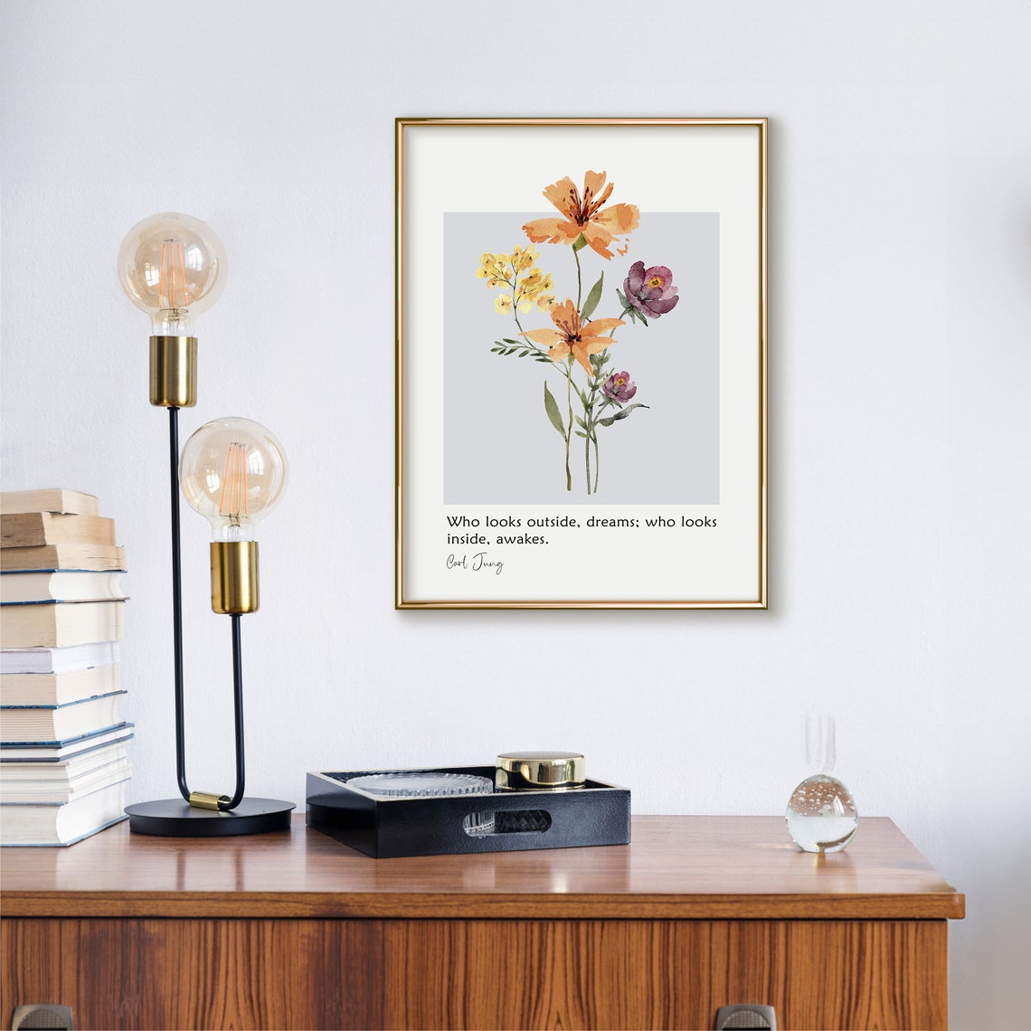 Carl Jung Who Looks Outside Dreams Watercolor Floral Quote Poster - Image 3