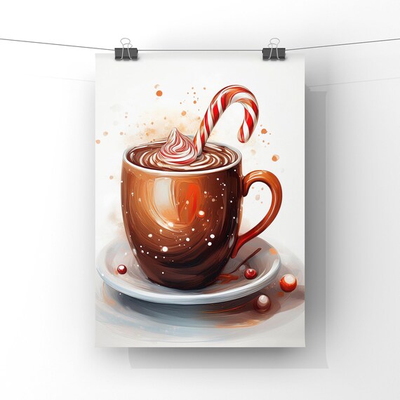 Steaming Hot Chocolate Mug Candy Cane Holiday Painting Poster
