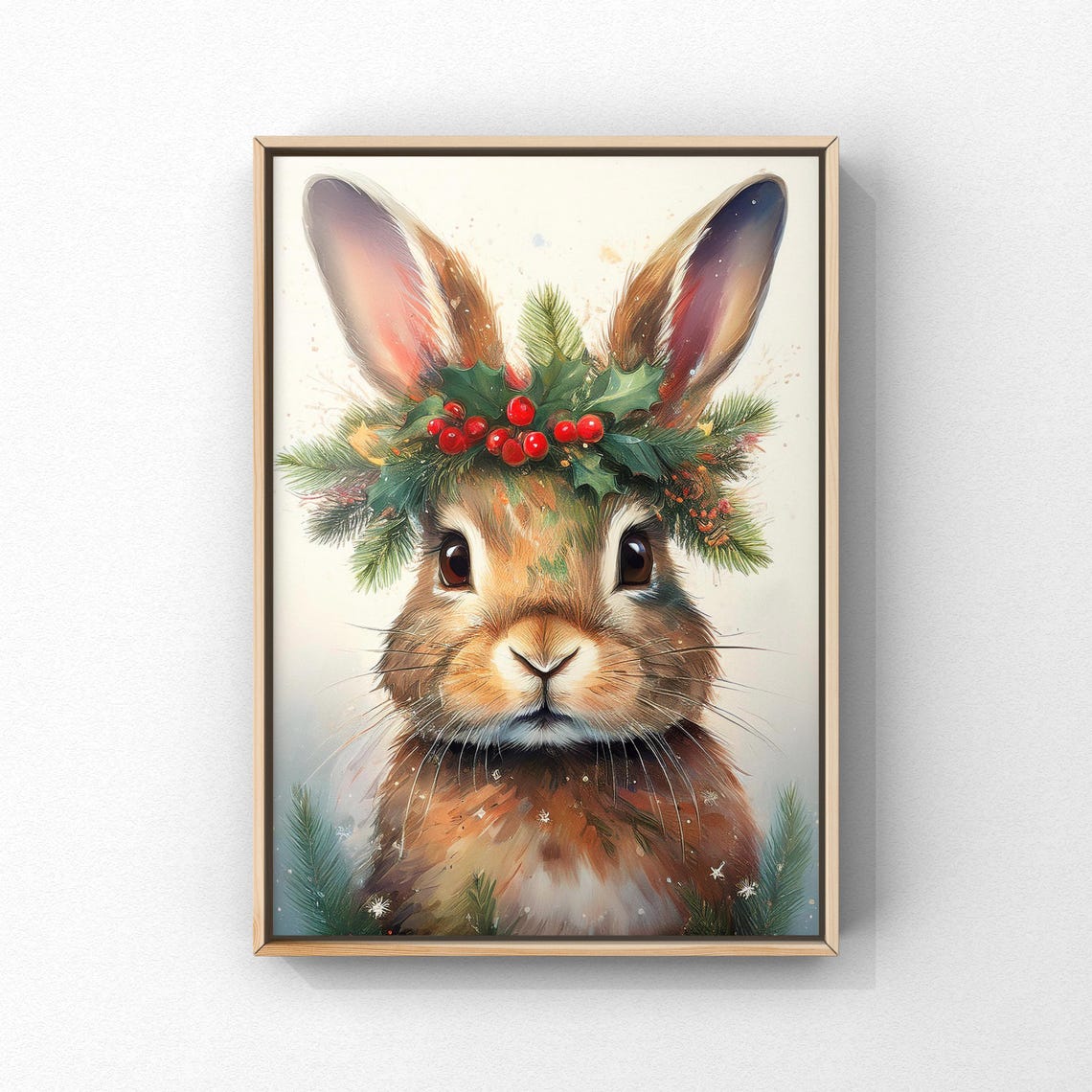 Cute Bunny Rabbit with Holly Berry Crown Winter Painting Poster